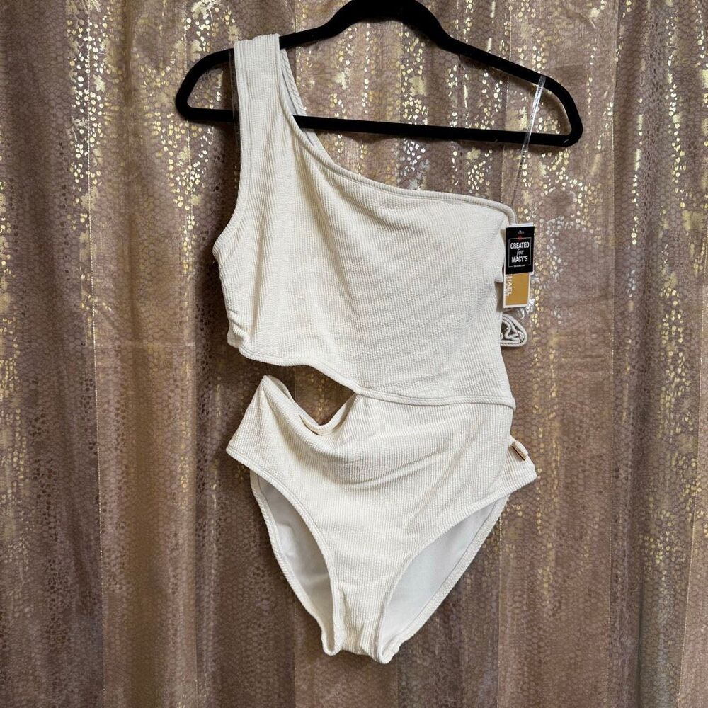 Michael Kors Ivory Bone Ribbed One Shoulder Cutout Swimsuit 12 NWT